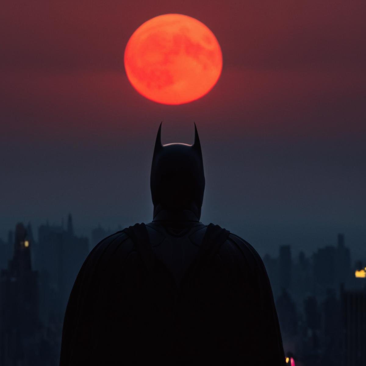 cinematic film still of  <lora:gotham city style v3:1>In Gotham City a batman silhouetted against a red sky with a city in the background with full moon in backgroun,solo,1boy,upper body,male focus,horns,sky,cape,night,parody,moon,building,city,silhouette,cityscape,superhero,red sky,skyline , detailed, real, different, unique, cinematic, dramatic, concept art, filmic, detailed background, detailed settings, artstation, gothic New York, gotham city style, shallow depth of field, vignette, highly detailed, high budget, bokeh, cinemascope, moody, epic, gorgeous, film grain, grainy