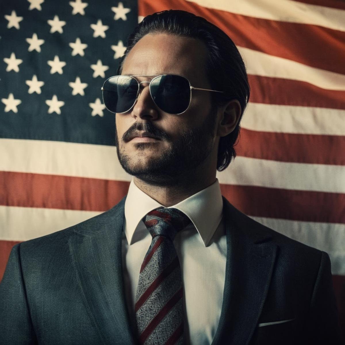 Dark Fantasy Art of  <lora:Cinematic Hollywood Film:1.5>Epic Creative Scene a 1970's man in a tie and sunglasses standing in front of a flag Cinematic Hollywood Film Style, dark, moody, dark fantasy style