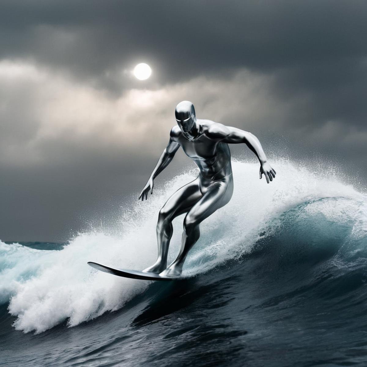 Dark Fantasy Art of  <lora:Cinematic Hollywood Film:1.5>Epic Creative Scene a silver surfer is riding a wave in the ocean Cinematic Hollywood Film Style, dark, moody, dark fantasy style