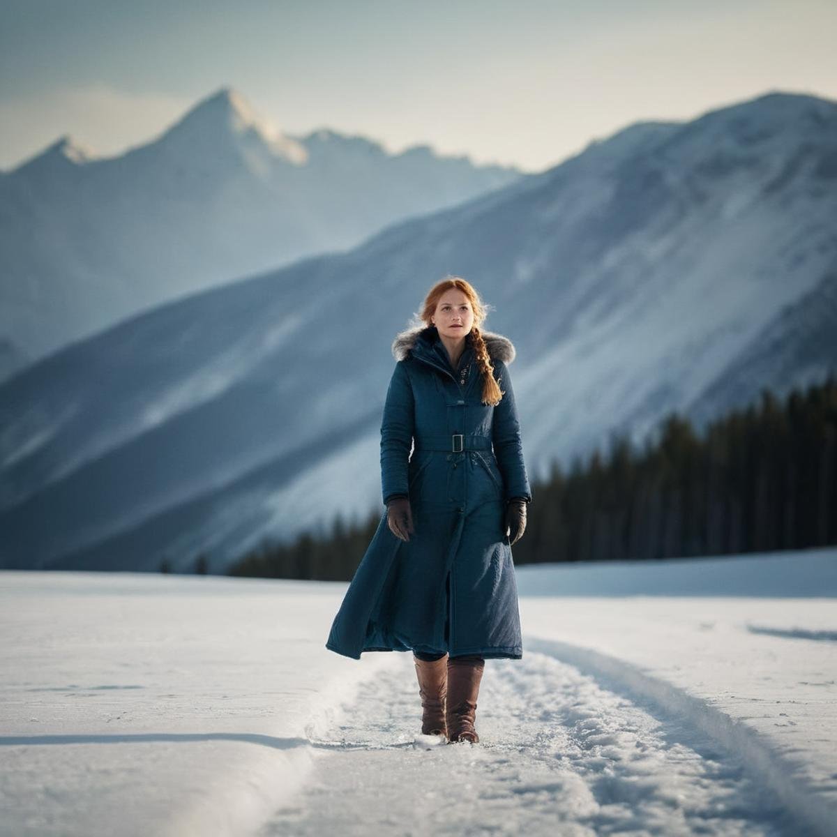 cinematic film still of  <lora:Cinematic Hollywood Film:1.5>Epic Creative Scene a frozen woman is standing in the snow in north pole mountains Cinematic Hollywood Film Style, shallow depth of field, vignette, highly detailed, high budget, bokeh, cinemascope, moody, epic, gorgeous, film grain, grainy