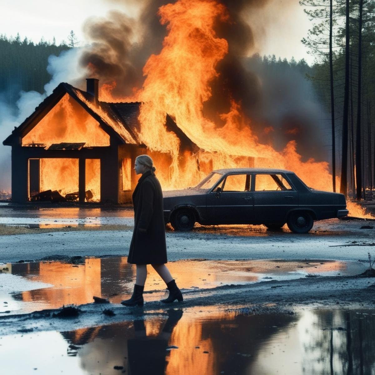 <lora:Kodak Motion Picture Film:1.2>  (Sharp Detailed Image)An Oscar winning movie for Best Cinematography a woman walking through a puddle of water in front of a burning house and a car with big fire in the woods Kodak Motion Picture Film Style