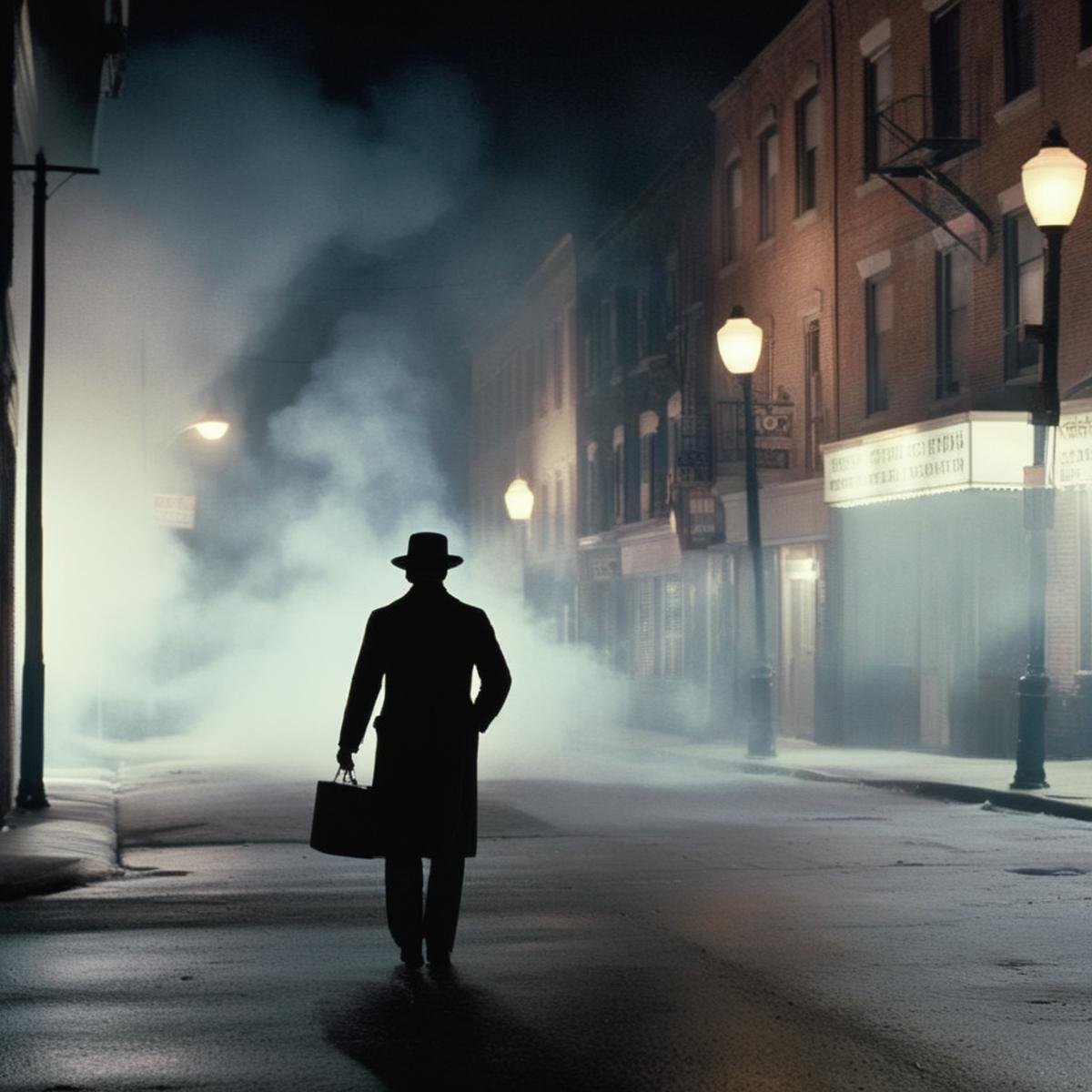 <lora:Kodak Motion Picture Film:1.2>  (Sharp Detailed Image)1970's An Oscar winning horror movie for Best Cinematography a man in a classic hat and coat walking down a street at night inspired by a scene from the exorcist with smoke in scene Kodak Motion Picture Film Style