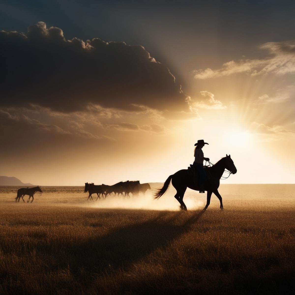 Dark Fantasy Art of <lora:Kodak Motion Picture Film:1.2>  (Sharp Detailed Image Grain)An Oscar winning western movie for Best Cinematography a silhouette woman in a cowboy hat riding a horse in the middle of a field with sun in the background Kodak Motion Picture Film Style, dark, moody, dark fantasy style