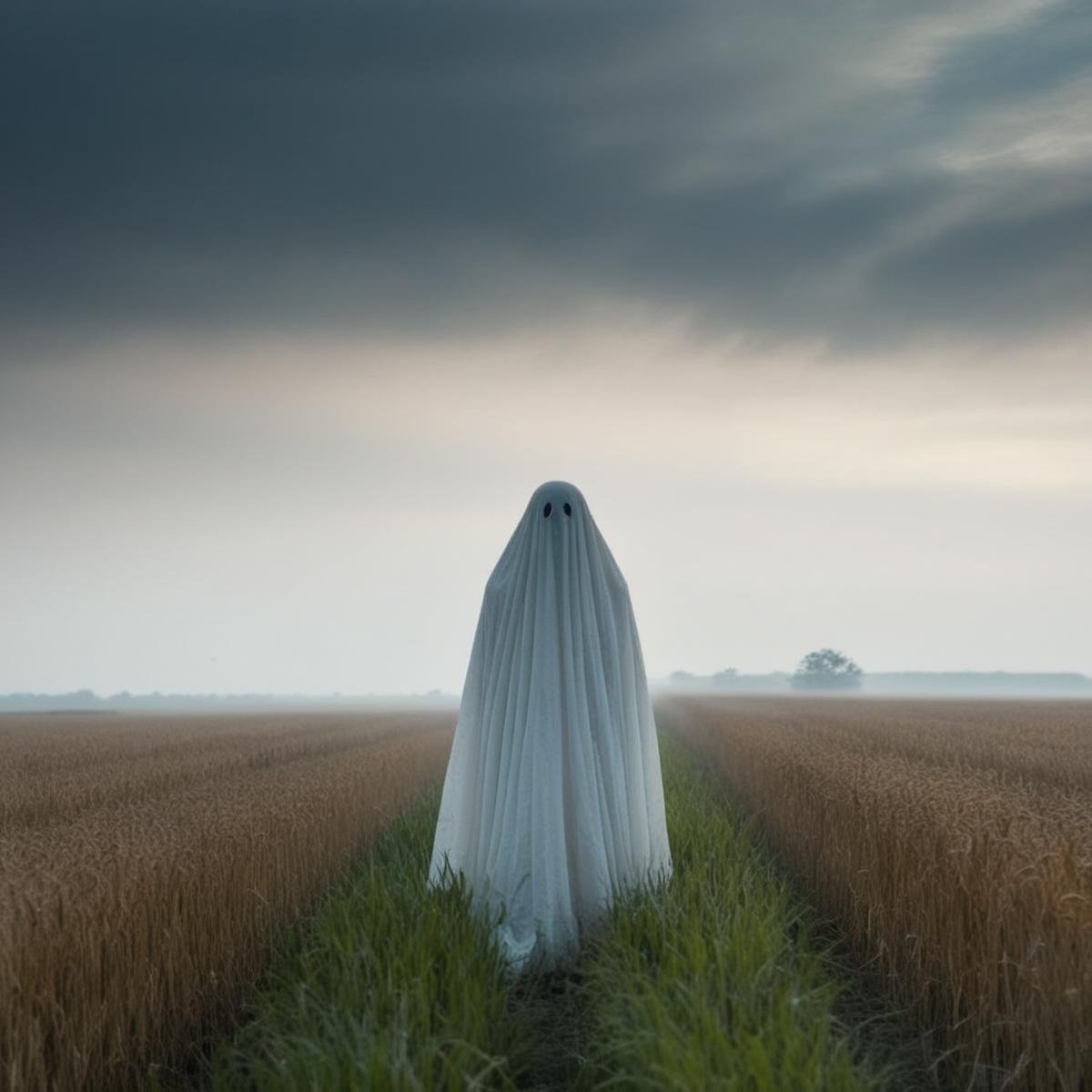 <lora:Kodak Motion Picture Film:1.2>  (Sharp Detailed Image)Best Cinematography a ghost standing in a field with a sky with a fogy background background Kodak Motion Picture Film Style