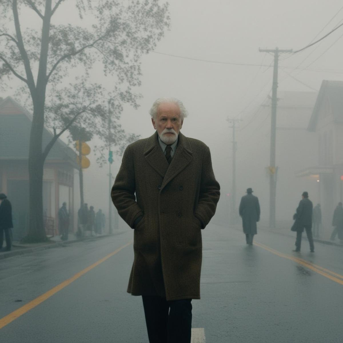 <lora:Kodak Motion Picture Film:1.2>  (Sharp Detailed Image)An Oscar winning movie for Best Cinematography an old man crossing a street in the fog Kodak Motion Picture Film Style