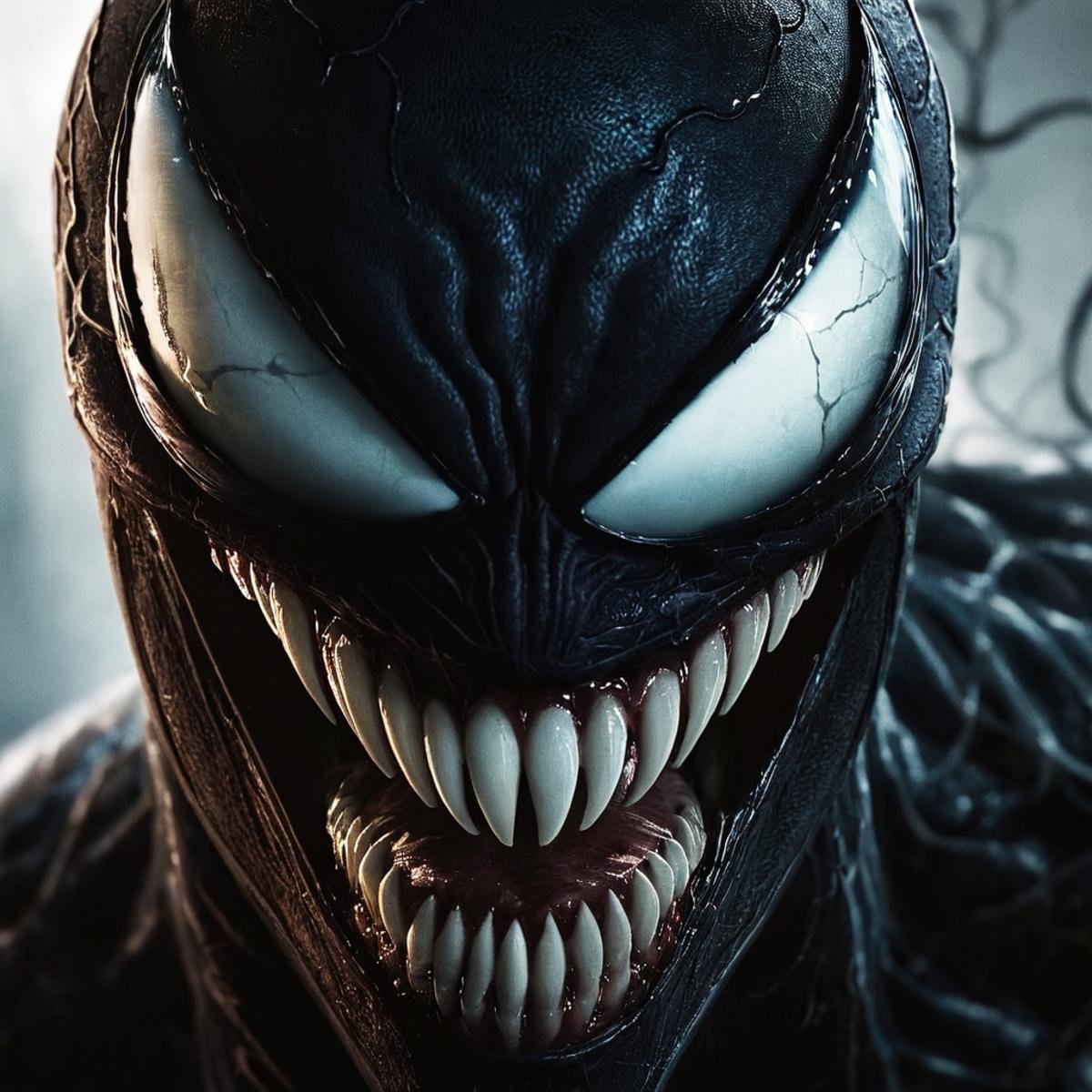 UHD, 4k, ultra detailed, cinematic, a photograph of  <lora:Cinematic Hollywood Film v2:1> perfect eyesEpic Creative Scene a close up of a symbiote venom with a very scary face Cinematic Hollywood Film Style, epic, beautiful lighting, inpsiring