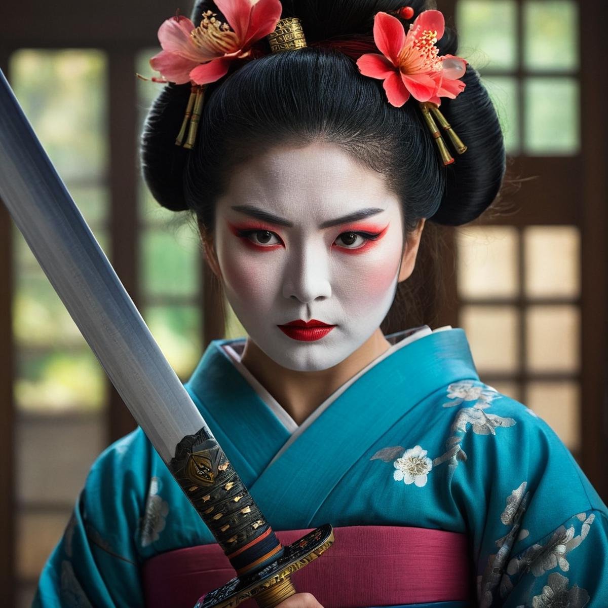 Hyperrealistic art of  <lora:Cinematic Hollywood Film v2:1> perfect eyes, colorful, vivid, balanced toneEpic Creative Scene a geisha woman with a sword in her hand Cinematic Hollywood Film Style, Extremely high-resolution details, photographic, realism pushed to extreme, fine texture, incredibly lifelike