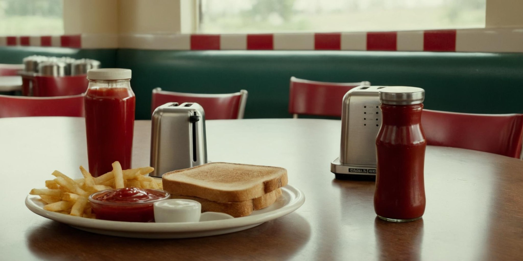 cinematic film still of  <lora:Kodak Motion Picture Film Style:1.2> Kodak Motion Picture Film StyleBest Cinematography a table with a toaster, salt and pepper shakers and a ketchup bottle in a diner Kodak Motion Picture Film Style, shallow depth of field, vignette, highly detailed, high budget, bokeh, cinemascope, moody, epic, gorgeous, film grain, grainy