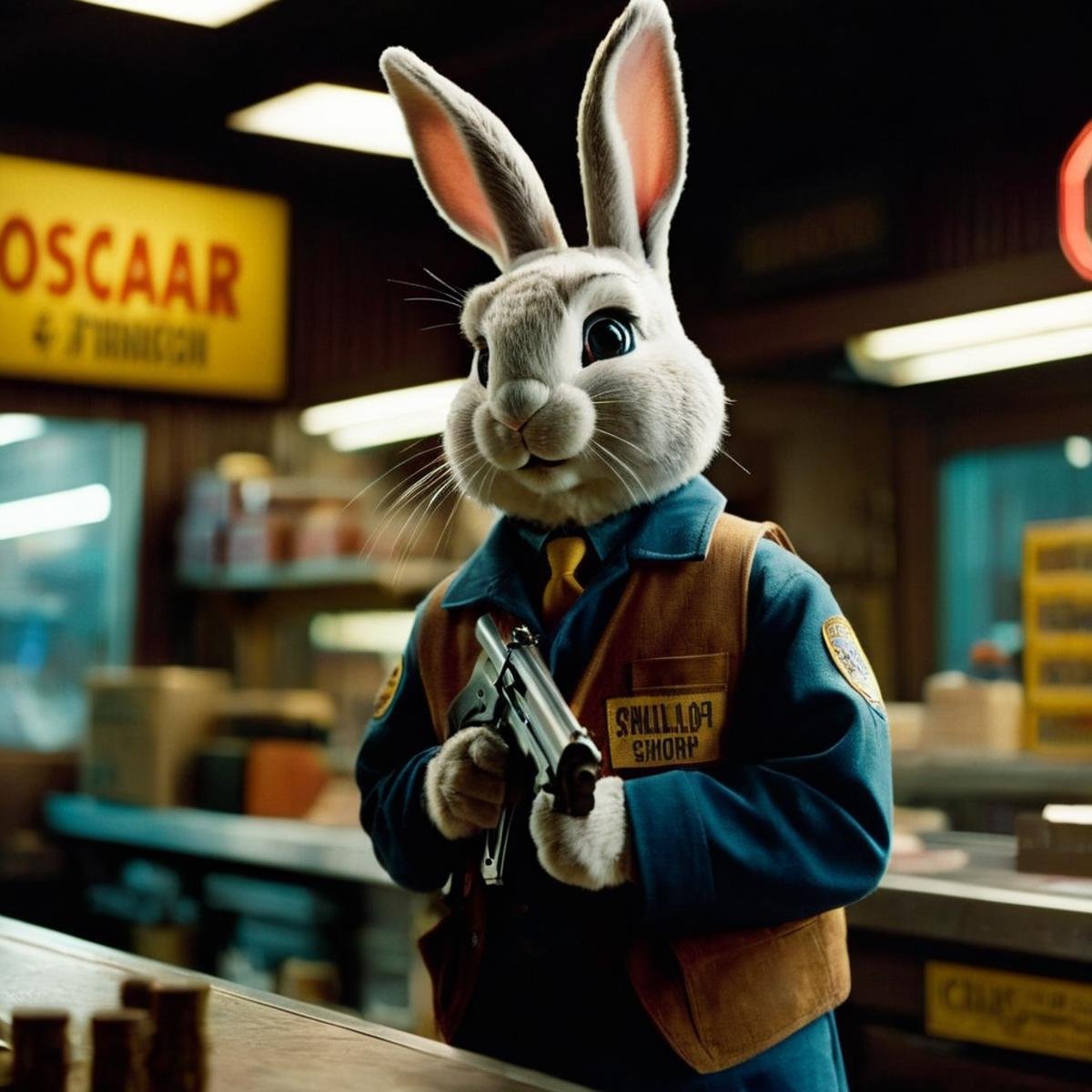 cinematic film still of  <lora:Kodak Motion Picture Film Style:1> "Detailed" "Sharp" "Vision 500T"An Oscar winning movie for Best Cinematography a rabbit sitting in front of a gun smith shop in a dark room Kodak Motion Picture Film Style, shallow depth of field, vignette, highly detailed, high budget, bokeh, cinemascope, moody, epic, gorgeous, film grain, grainy