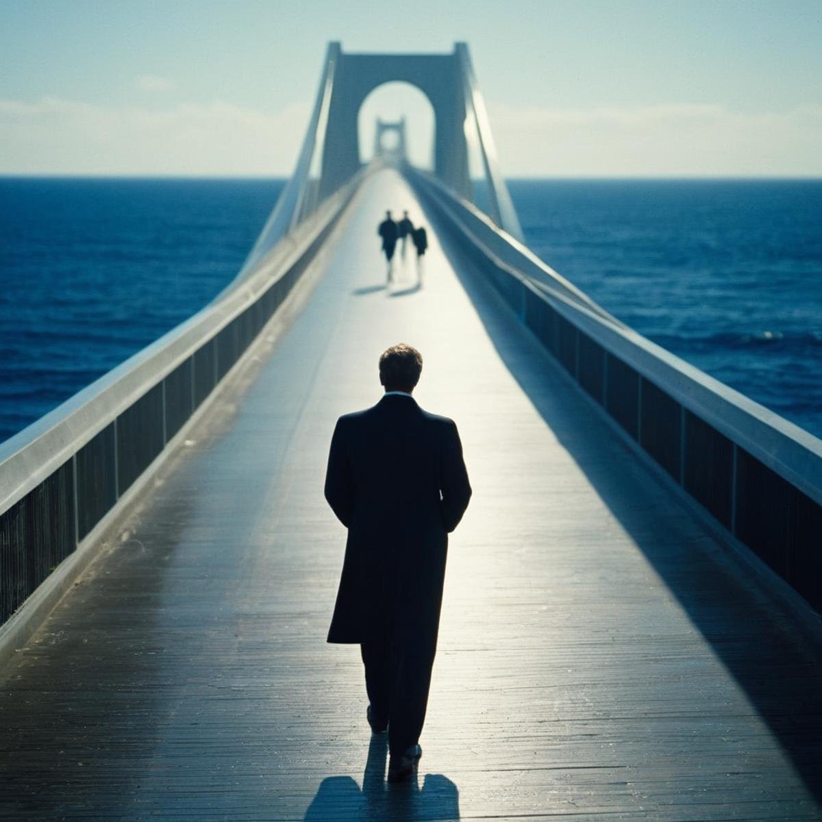 cinematic film still of  <lora:Kodak Motion Picture Film Style:1> "Detailed" "Sharp" "Vision 500T"An Oscar winning surrealism movie for Best Cinematography a man walking a long bridge through a tunnel with a bright light coming out of it with deep blue see ocean in background Kodak Motion Picture Film Style, shallow depth of field, vignette, highly detailed, high budget, bokeh, cinemascope, moody, epic, gorgeous, film grain, grainy