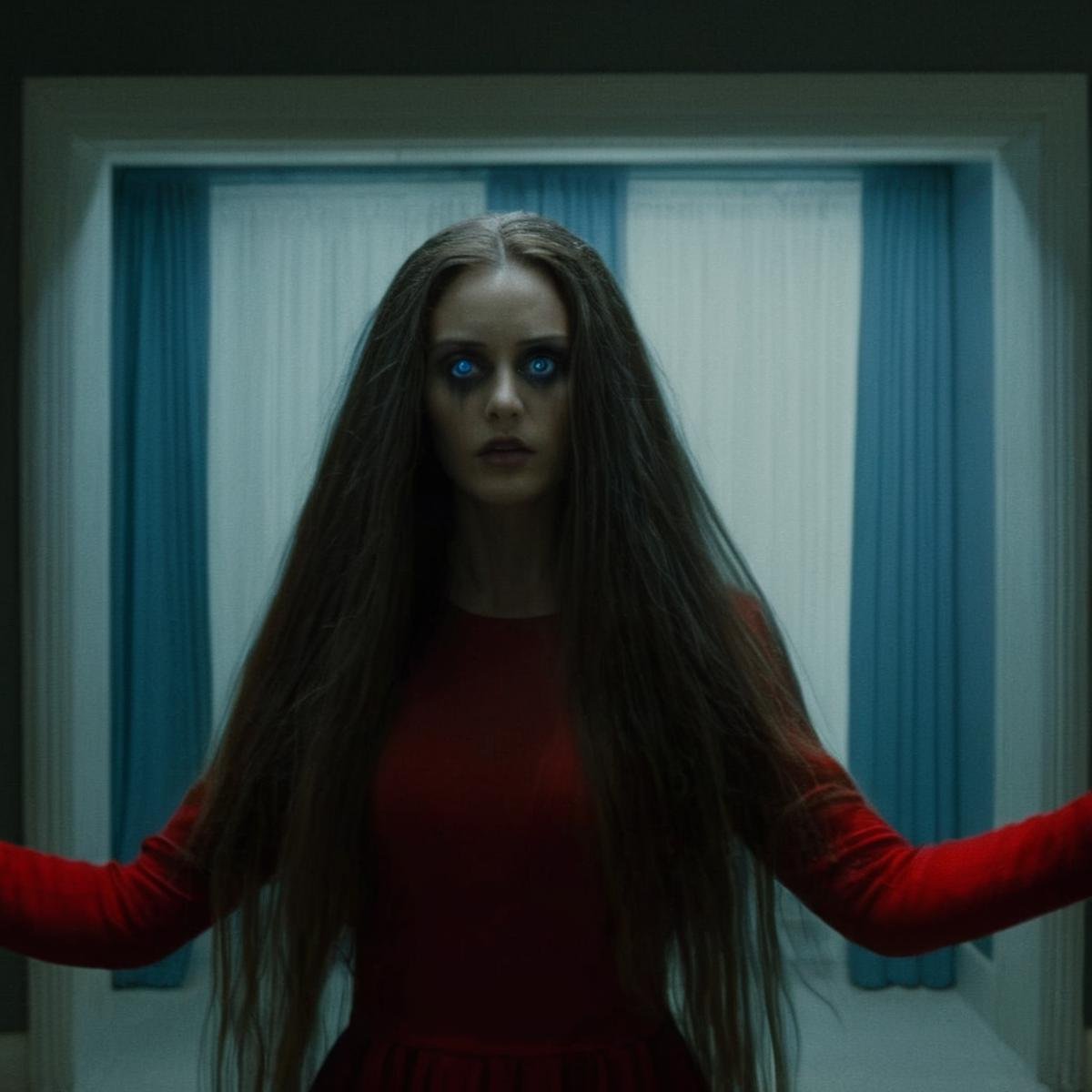 Dark Fantasy Art of  <lora:Kodak Motion Picture Film Style:1.2> redcode raw, ARRIRAW, Best Anamorphic-lens Horror Cinematography 50mm lens f5.6 a possessed woman with a very long flying hair in a room with olive contrast color staring at camera with possessed blue blind eyes Anamorphic format Kodak Motion Picture Film Style, dark, moody, dark fantasy style