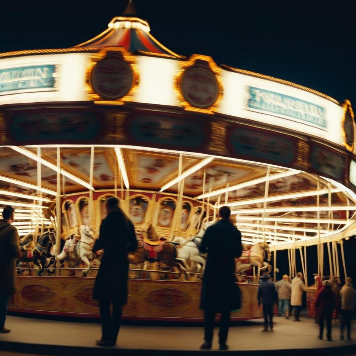 cinematic film still of  Cinematic, Grainy:1.5, Detailed:1, Sharp Image:1.2, of <lora:Kodak Motion Picture Film Style3:1>Best Cinematic Picture of a carousel at night with people on it Kodak Motion Picture Film Style, shallow depth of field, vignette, highly detailed, high budget, bokeh, cinemascope, moody, epic, gorgeous, film grain, grainy