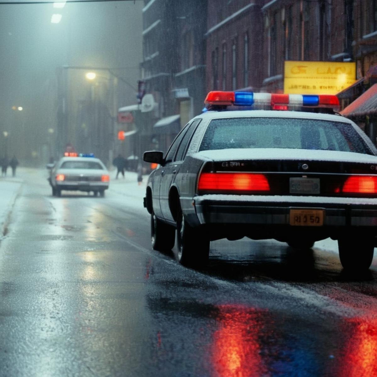 cinematic film still of  <lora:Kodak Motion Picture Film Style3:1> Cinematic, Grainy:1, Detailed, Sharp Image, of1990's wide shot An Oscar winning movie for Best Cinematography a police car driving through a snow covered street in rainy winter at night Kodak Motion Picture Film Style, shallow depth of field, vignette, highly detailed, high budget, bokeh, cinemascope, moody, epic, gorgeous, film grain, grainy