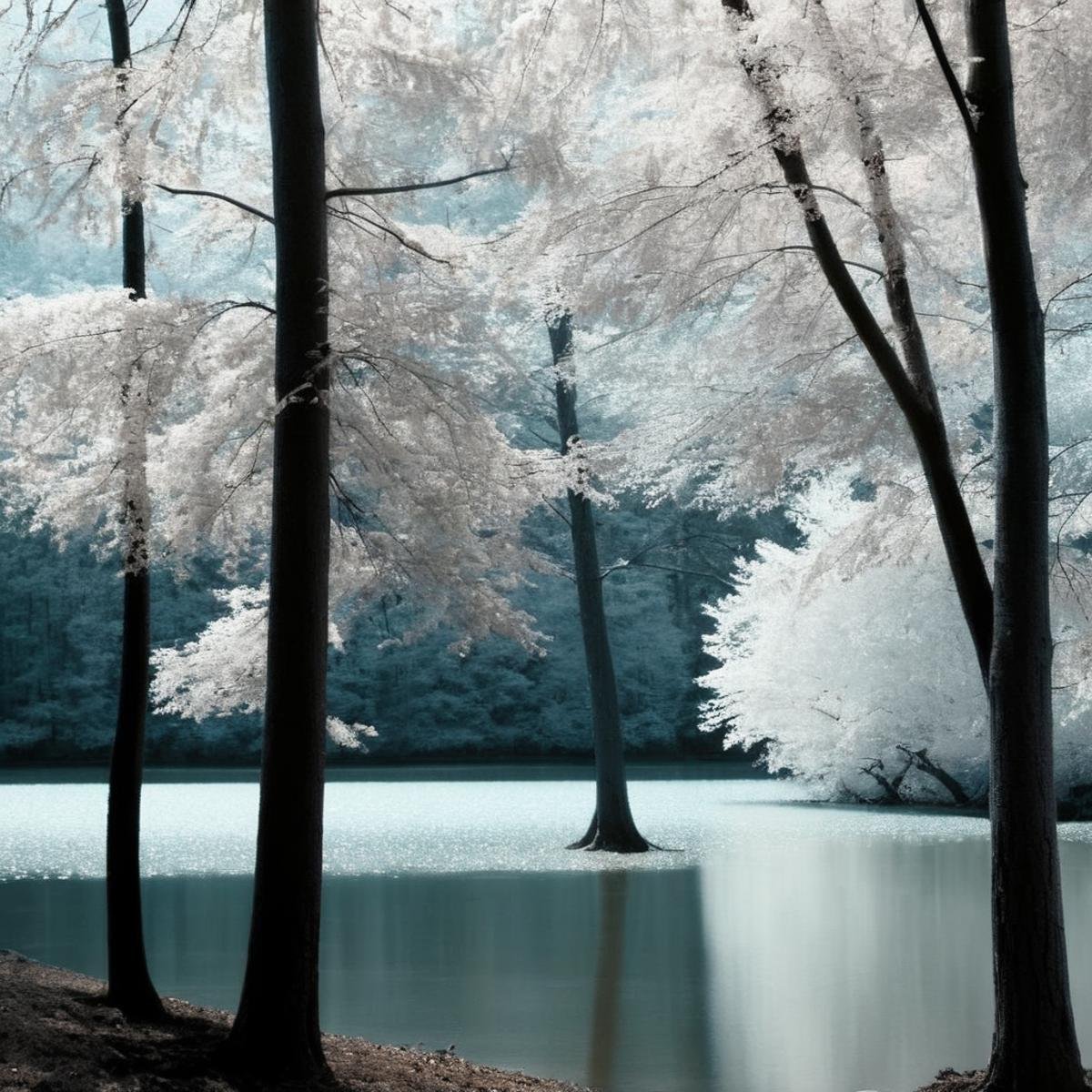 Hyperrealistic art of  Cinematic, Grainy:1.5, Detailed:1, Sharp Image:1.2, of <lora:Kodak Motion Picture Film Style3:1>Best Cinematic infrared Picture of a lake with trees and bushes in the background Kodak Motion Picture Film Style, Extremely high-resolution details, photographic, realism pushed to extreme, fine texture, incredibly lifelike