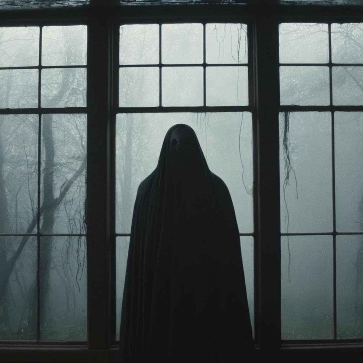 Cinematic, Grainy:1, Detailed, Sharp Image, of <lora:Kodak Motion Picture Film Style3:1> horror movie for Best Cinematography a classic ghost appears to be looking out a window at noon Kodak Motion Picture Film Style, dark, moody, dark fantasy style