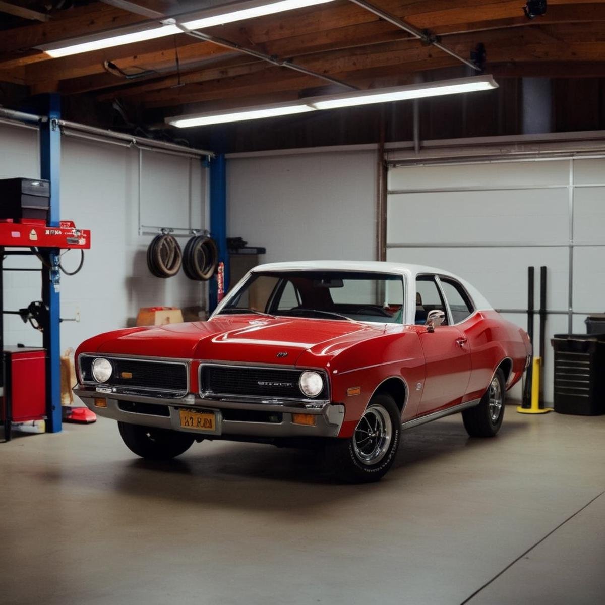 cinematic film still of  <lora:Kodak Motion Picture Film Style v4:1>1970's Best Cinematic Picture of a red and white car parked in a garage Kodak Motion Picture Film Style, shallow depth of field, vignette, highly detailed, high budget, bokeh, cinemascope, moody, epic, gorgeous, film grain, grainy