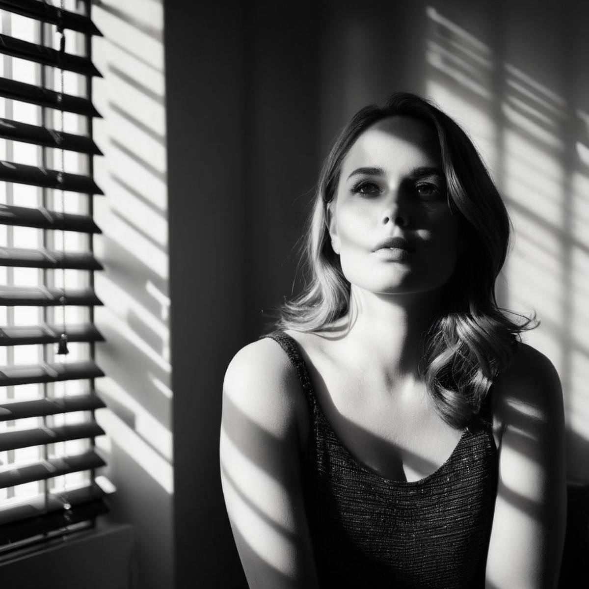 cinematic film still of  <lora:Kodak Motion Picture Film Style v4:1>Best Cinematic black and white Picture of a woman partially covered by shadows is standing in front of a window with blinds and overcast shadow light on Kodak Motion Picture Film Style, shallow depth of field, vignette, highly detailed, high budget, bokeh, cinemascope, moody, epic, gorgeous, film grain, grainy