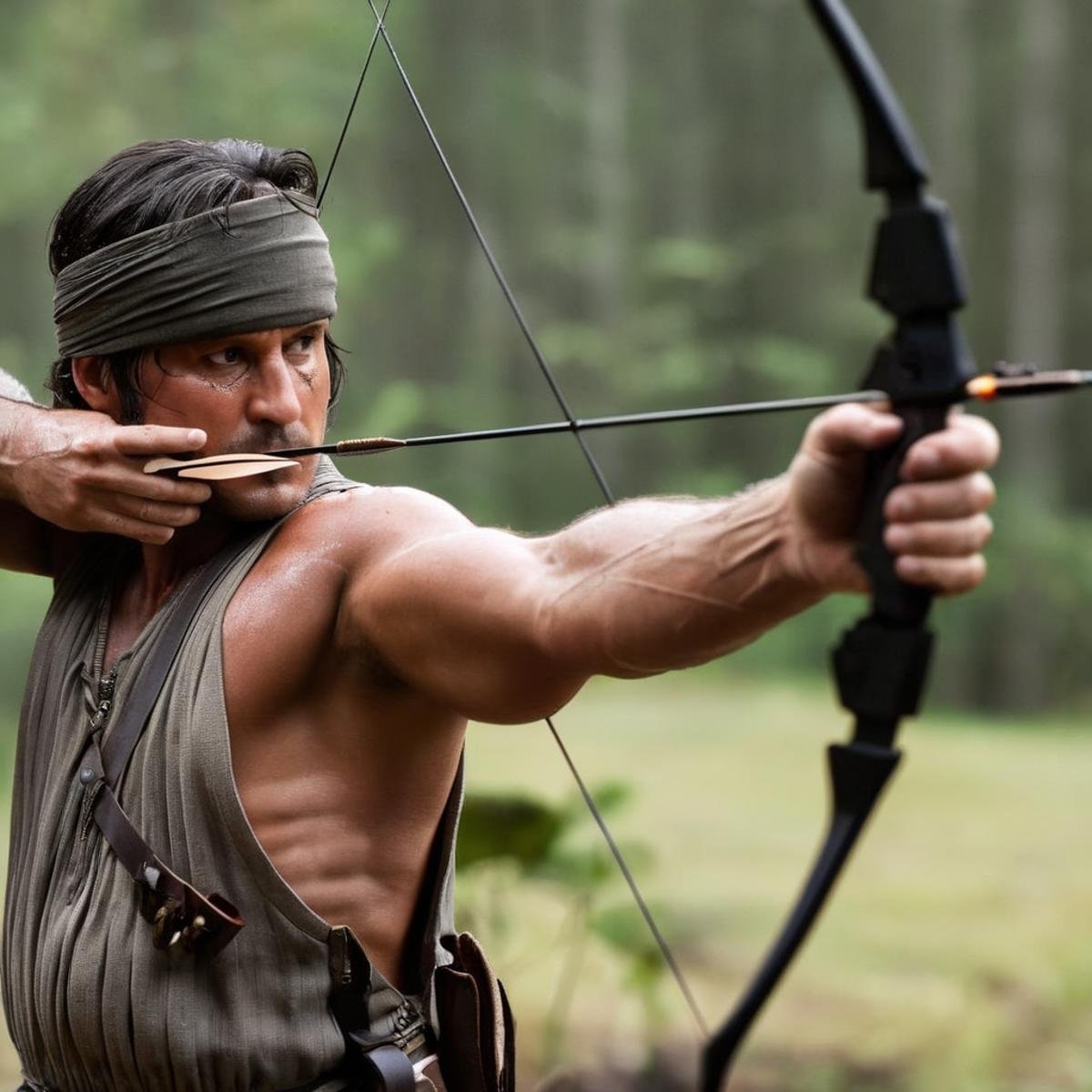 cinematic film still of  <lora:Kodak Motion Picture Film Style v4:1>Best Cinematic Picture of  Rambo a man shooting an arrow with a bow in font of camera with perfect light on Kodak Motion Picture Film Style, shallow depth of field, vignette, highly detailed, high budget, bokeh, cinemascope, moody, epic, gorgeous, film grain, grainy