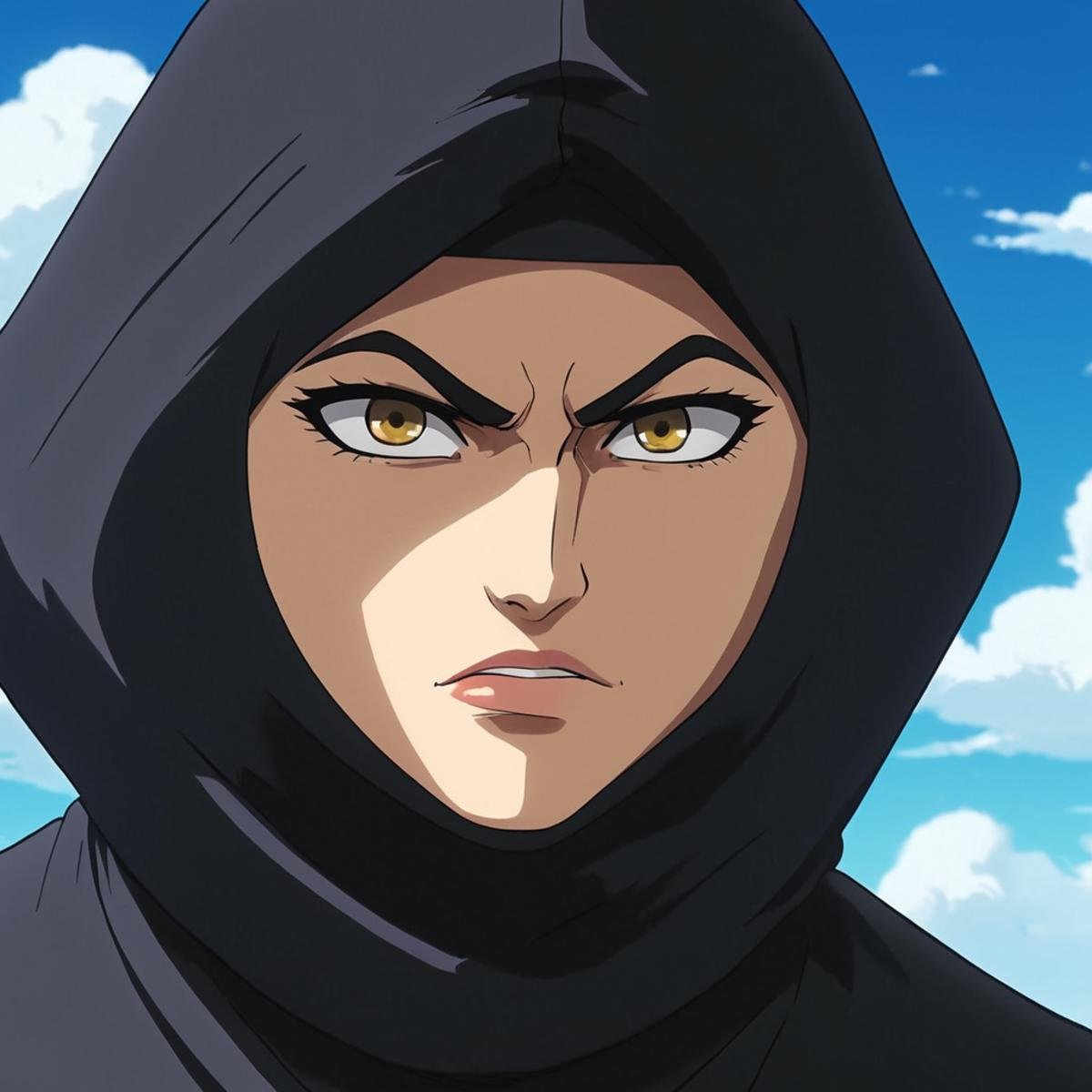 anime artwork of Baron Ashura a close up of a person with a hood on,  gynandromorphic,  animation style by EauDeNoire on T...