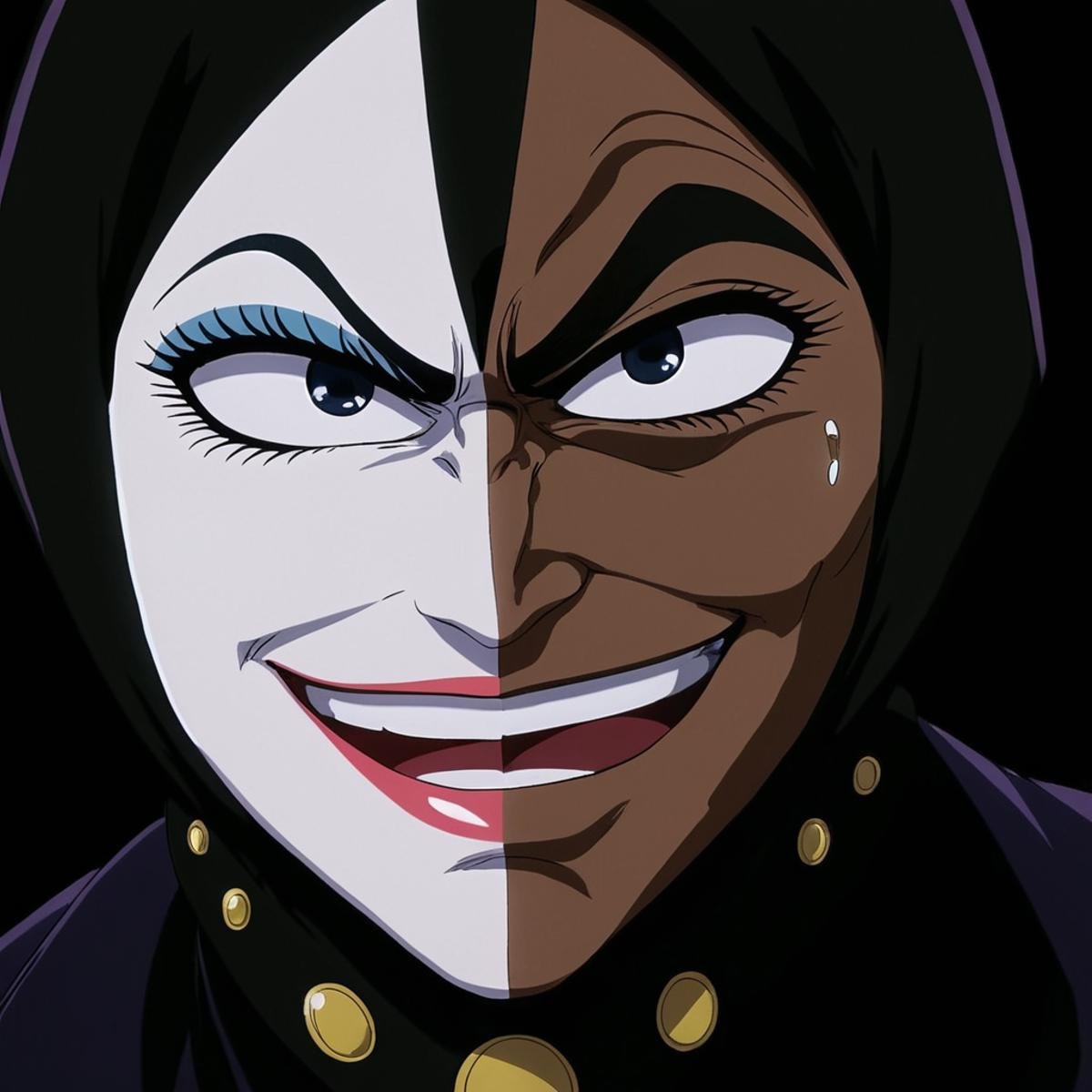 anime artwork of Baron Ashura a close up of a person with a very big smile,  gynandromorphic,  animation style by EauDeNoi...
