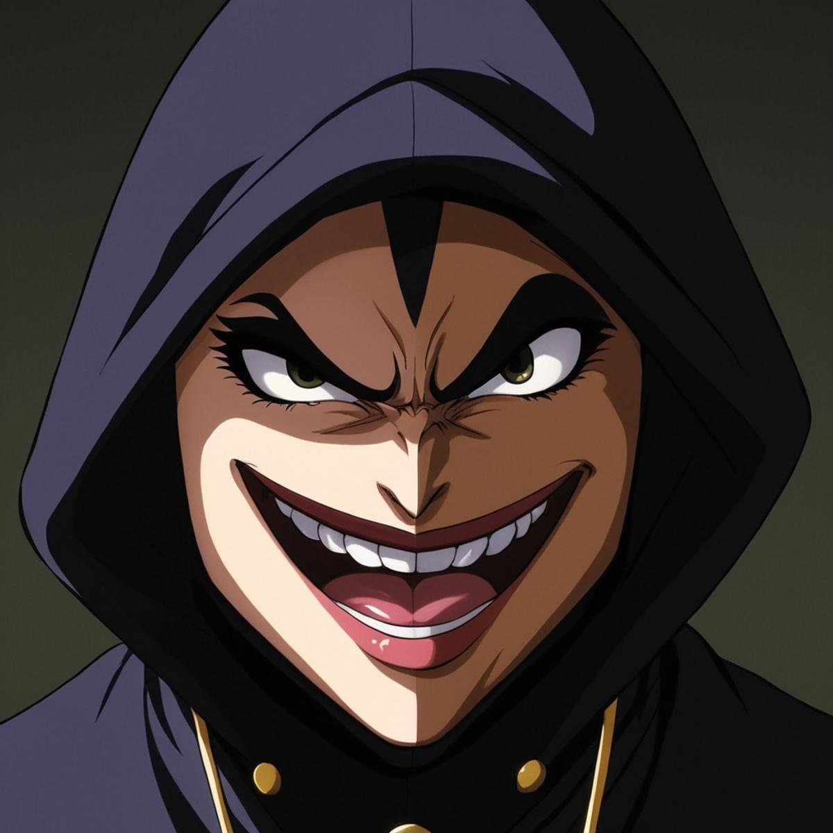 anime artwork of Baron Ashura a drawing of a person with a hood on,  gynandromorphic,  animation style by EauDeNoire on Te...