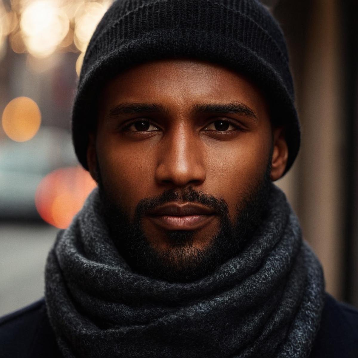 cinematic film still of perfection style detailed A beautiful Anamorphic format film photo of a man with a hat and scarf l...