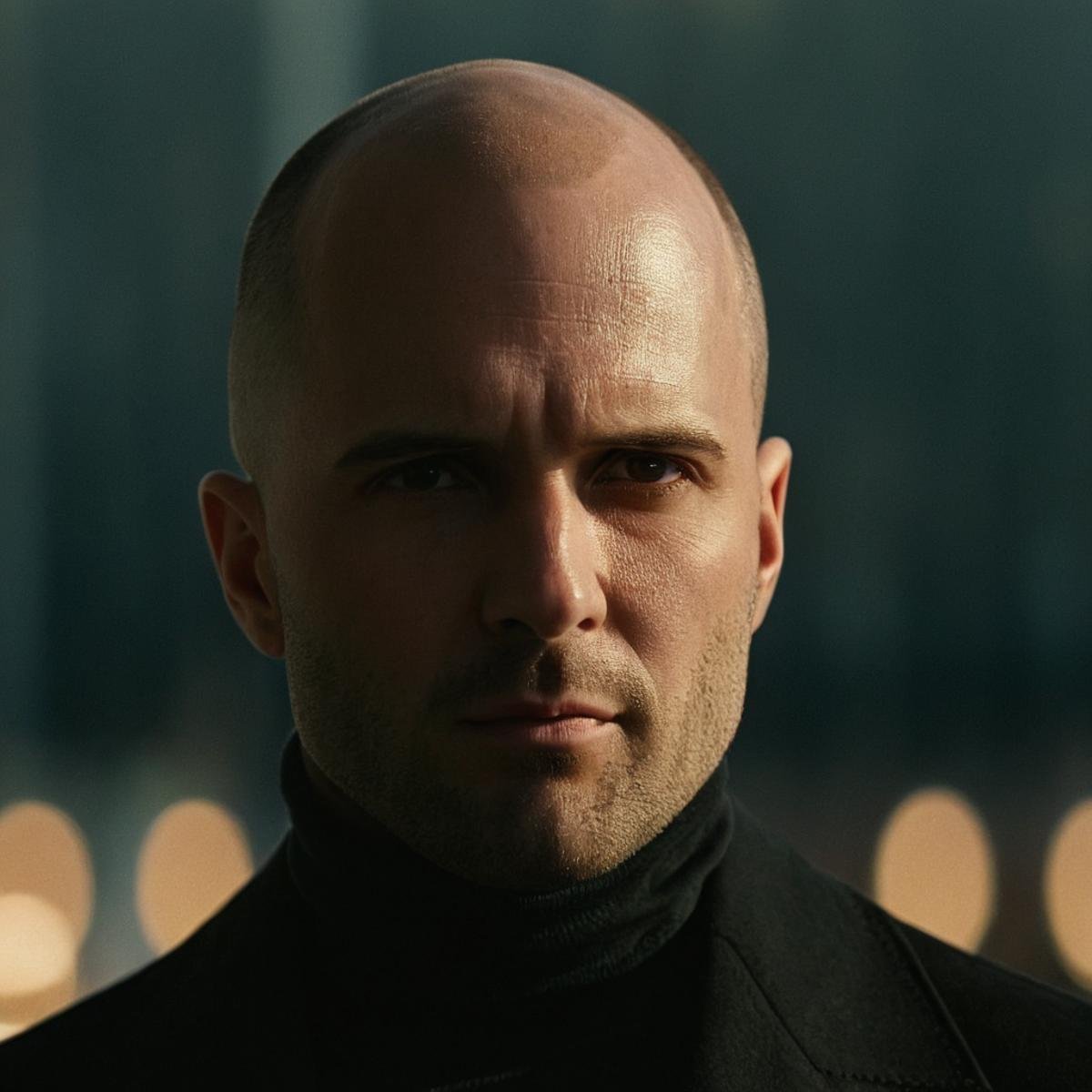 cinematic film still of perfection style detailed A beautiful Anamorphic format film photo of a bald man in a black turtle...