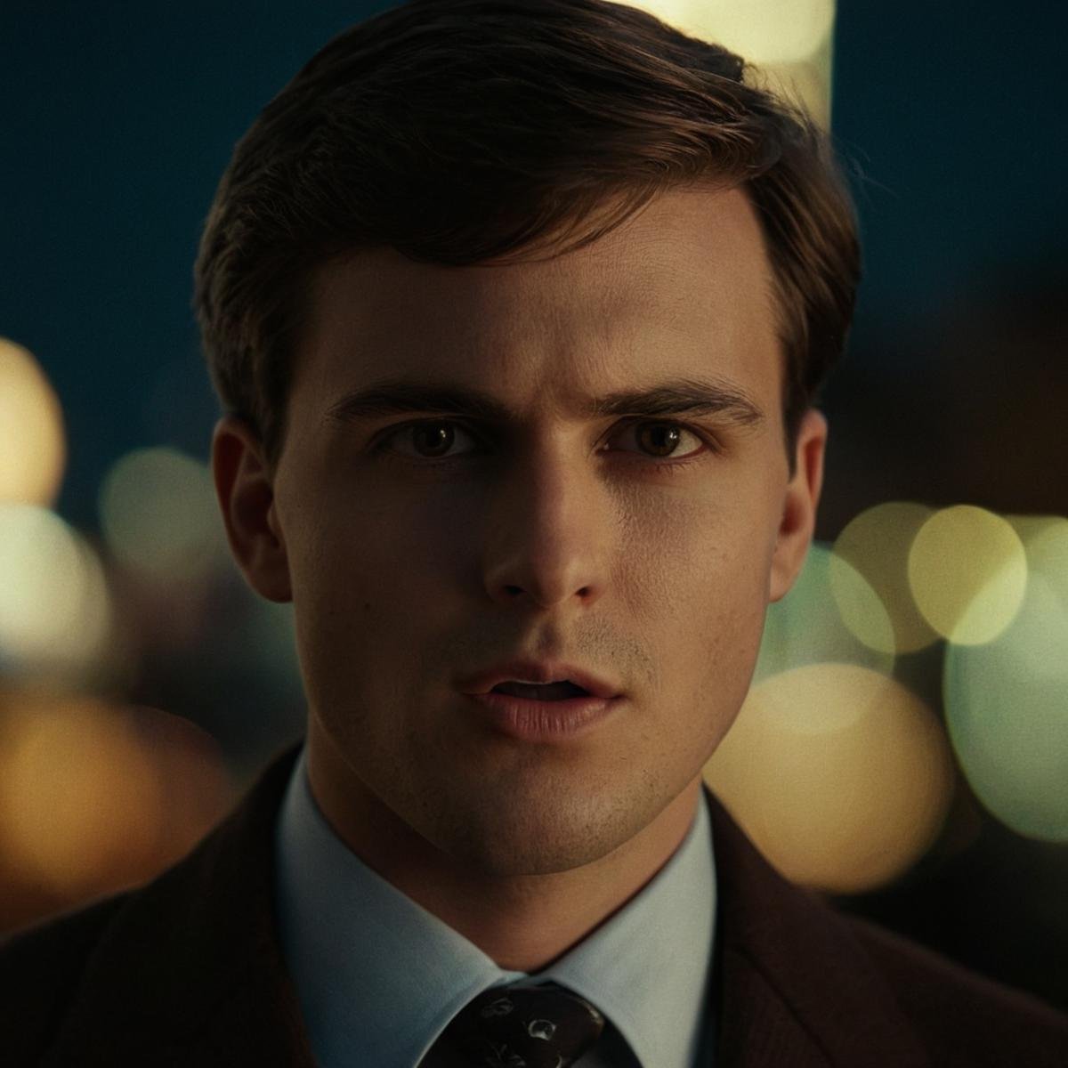 cinematic film still of perfection style detailed A beautiful Anamorphic format film photo of a man with a tie and a suit...
