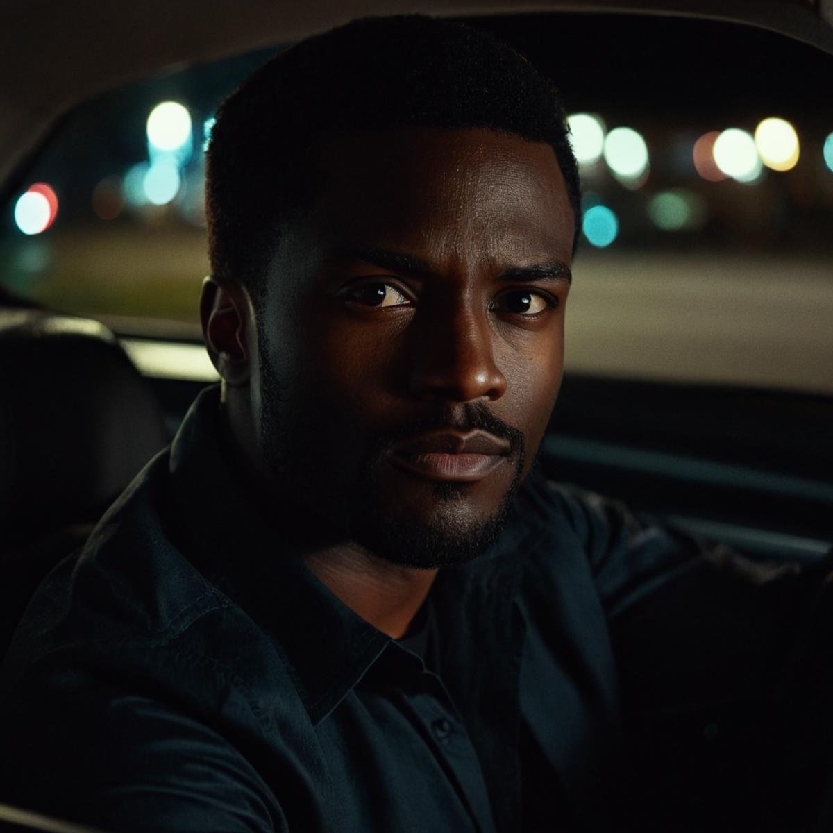 cinematic film still of perfection style detailed A beautiful Anamorphic format film photo of a man driving a car at night...