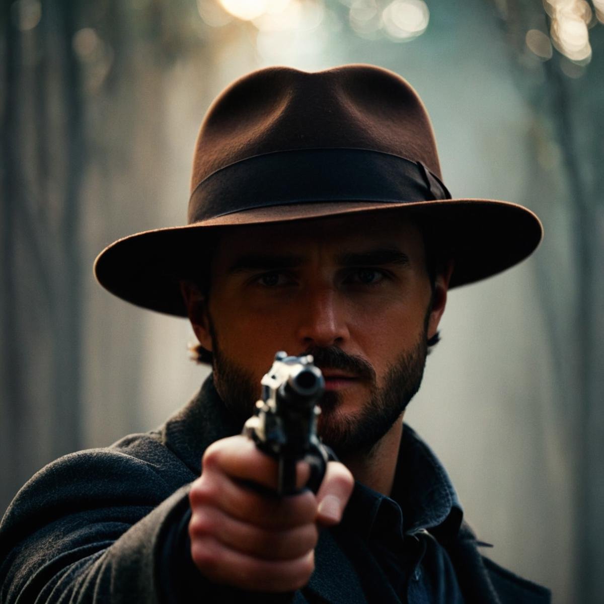 cinematic film still of perfection style detailed A beautiful Anamorphic format film photo of a man in a hat holding a gun...