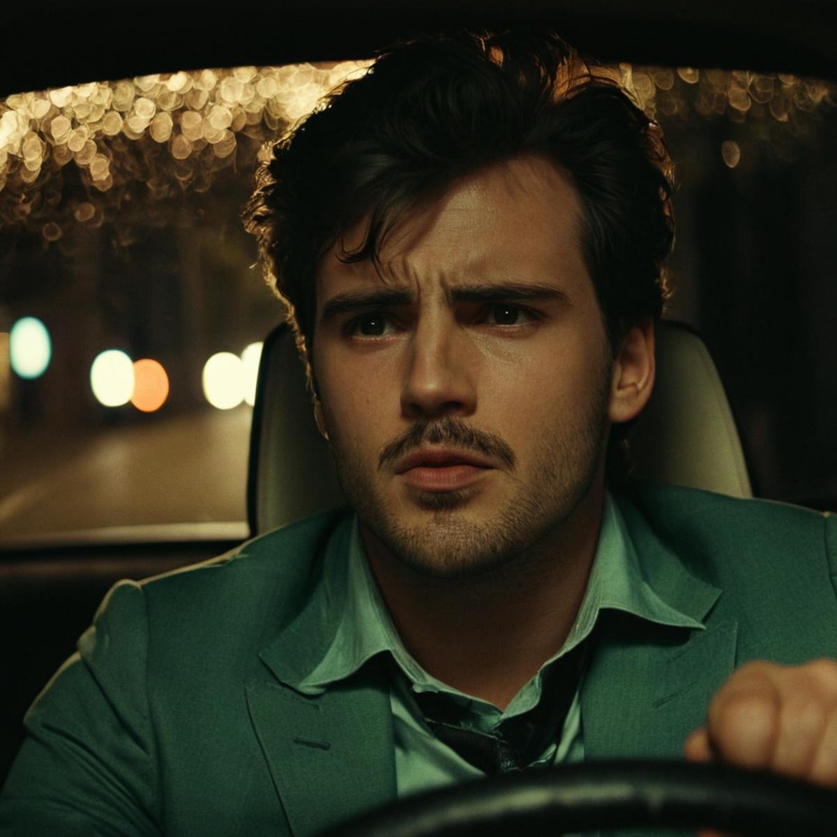 cinematic film still of perfection style detailed A beautiful Anamorphic format film photo of a man driving a car at night...