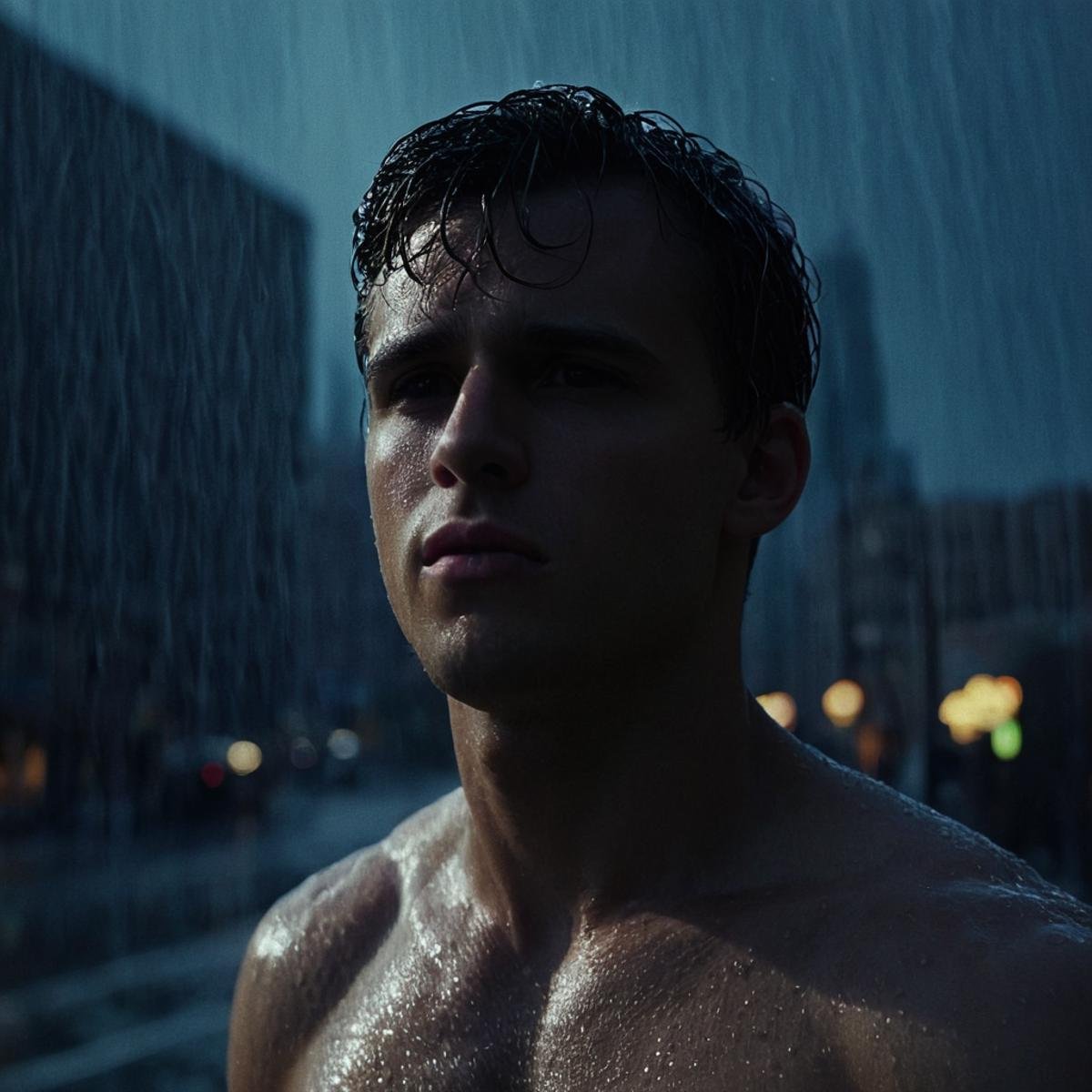 cinematic film still of perfection style detailed A beautiful Anamorphic format film photo of a man standing in the rain i...