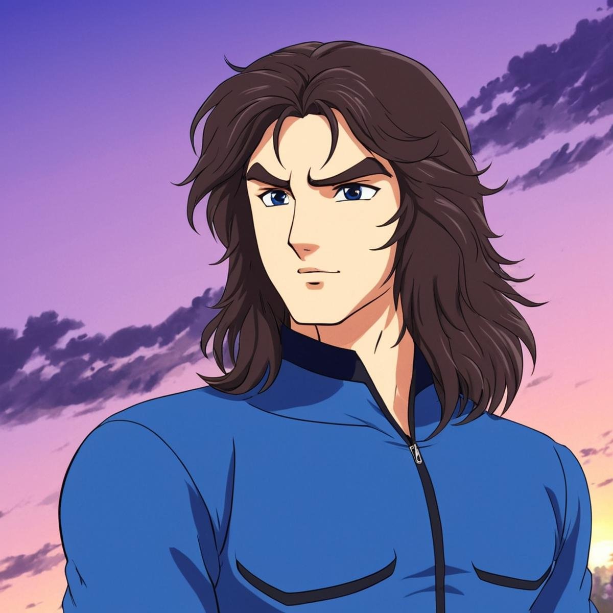 anime artwork of In anime manga universe,  Daisuke Umon a man with long hair and a blue shirt ,  animation style by EauDeN...
