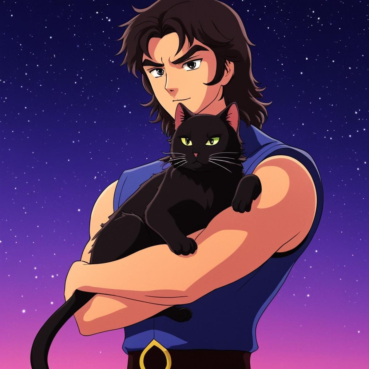 anime artwork of In anime manga universe,  Daisuke Umon a man holding a black cat in his arms ,  animation style by EauDeN...
