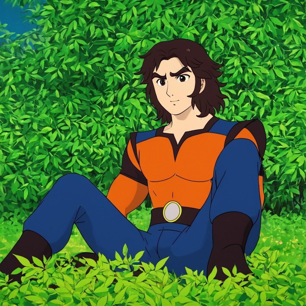 anime artwork of In anime manga universe,  Daisuke Umon a man sitting in front of a bush with leaves ,  animation style by...