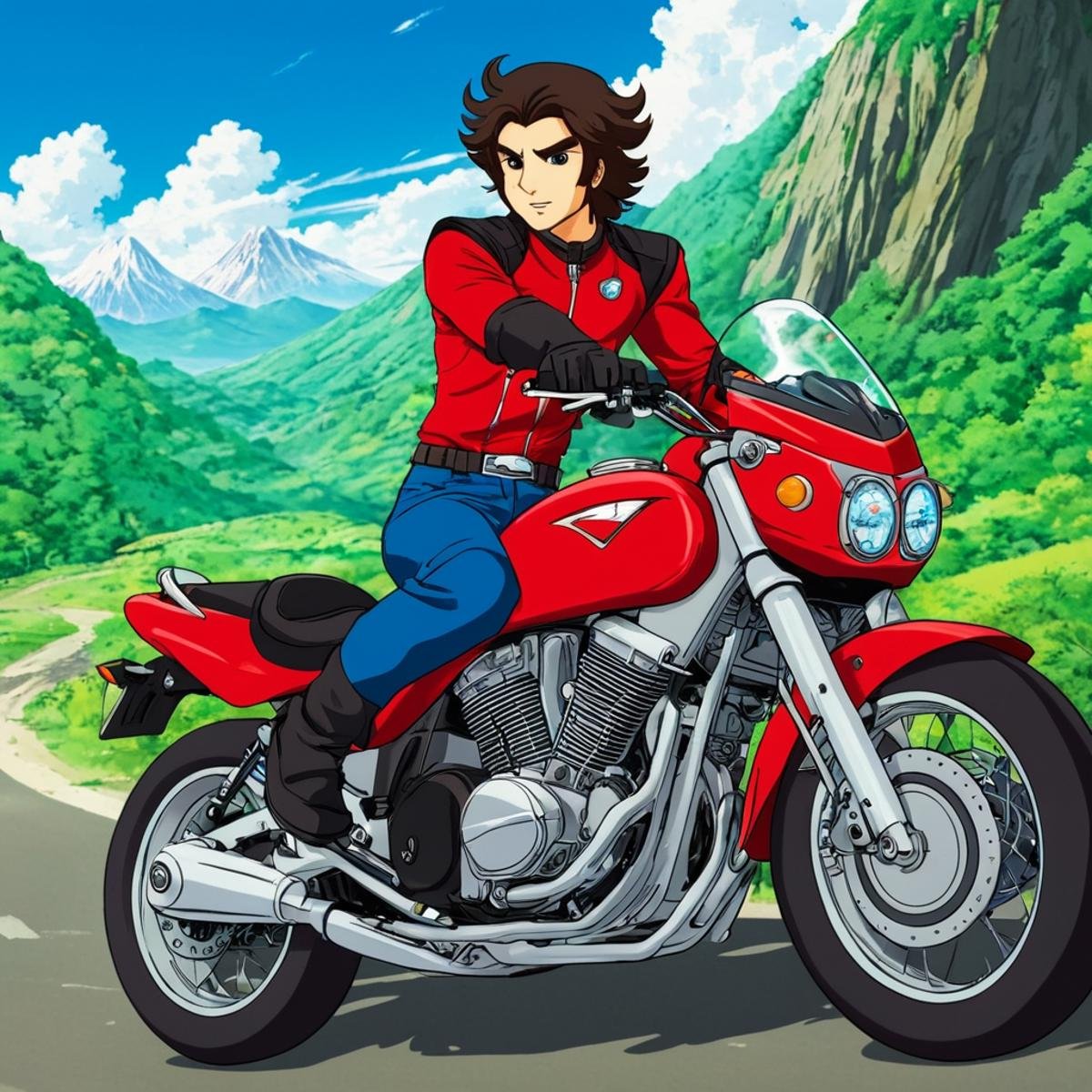 anime artwork of Daisuke Umon a cartoon of a man riding a red motorcycle,  anime style,  key visual by EauDeNoire on Tenso...