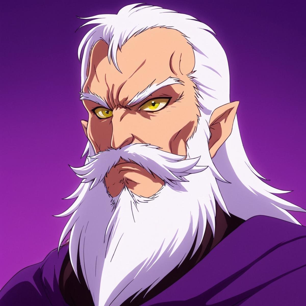 anime artwork of Dr. Hell antagonist a cartoon character with a long white beard and a purple cape,  Great Marshall of Hel...