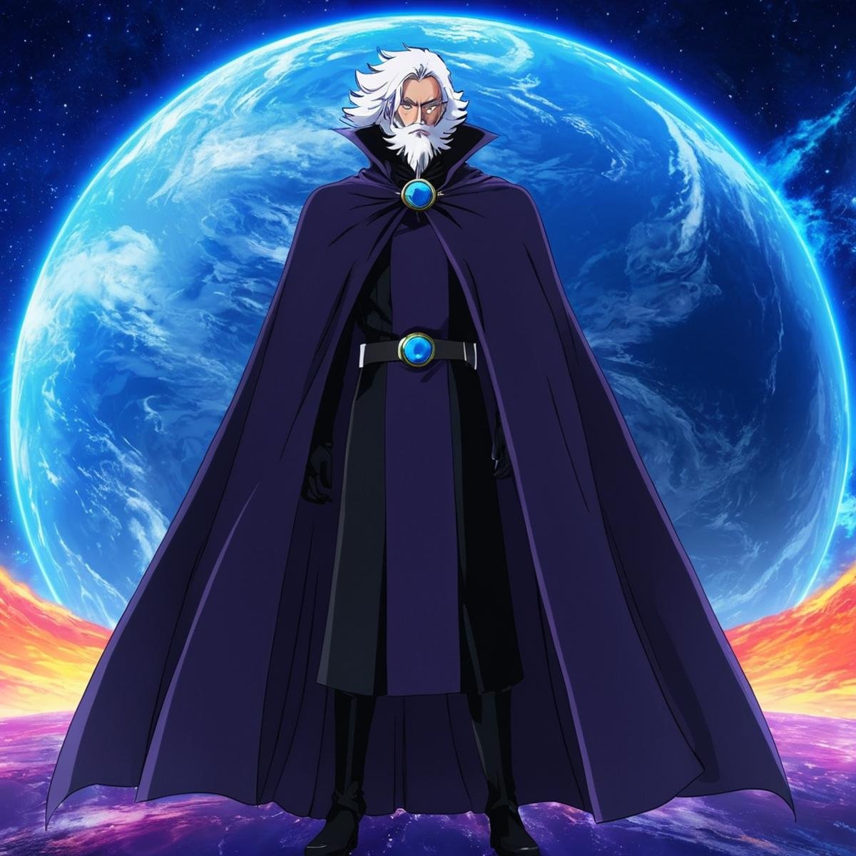 anime artwork of Dr. Hell antagonist a man in a cape and cloak standing in front of a blue planet,  anime style,  key visu...