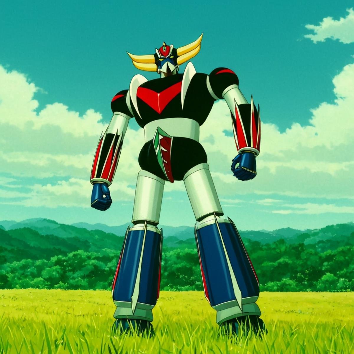 anime artwork of In anime manga universe,  ufo robot Grendizer a robot with a large blade in a field ,  animation style by...