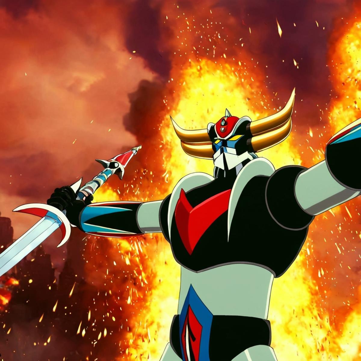 anime artwork of In anime manga universe,  ufo robot Grendizer a robot with a sword in a fire ,  animation style by EauDeN...