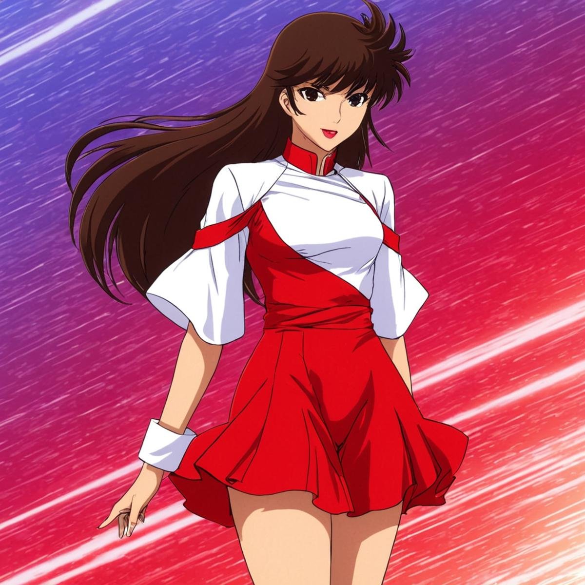 anime artwork of In anime manga universe,  Jun Hono a woman in a red and white outfit ,  animation style by EauDeNoire on...