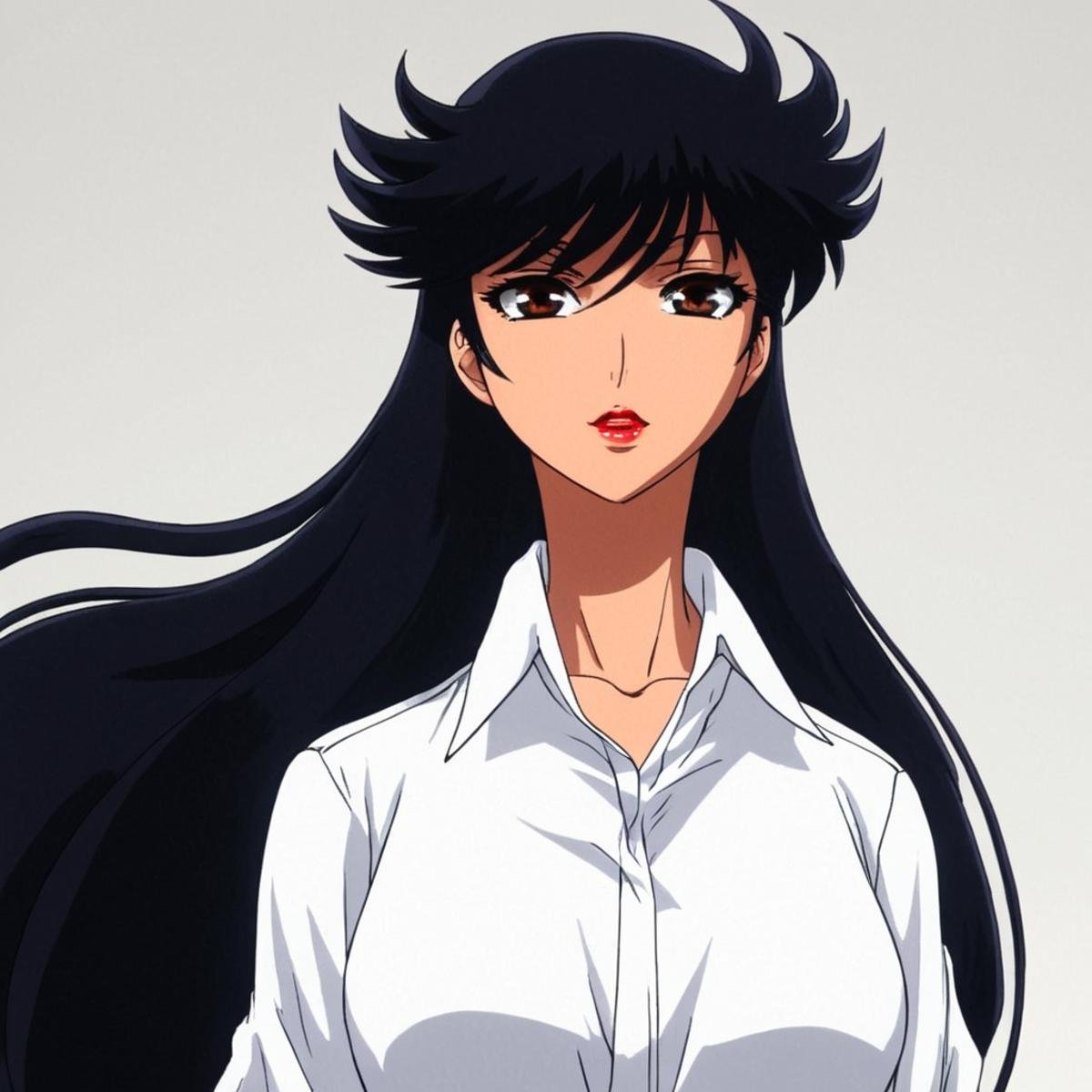anime artwork of In anime manga universe,  Jun Hono a woman with long black hair and a white shirt ,  animation style by E...