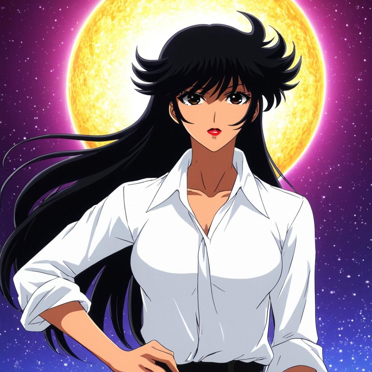 anime artwork of In anime manga universe,  Jun Hono a woman with long black hair and a white shirt ,  animation style by E...