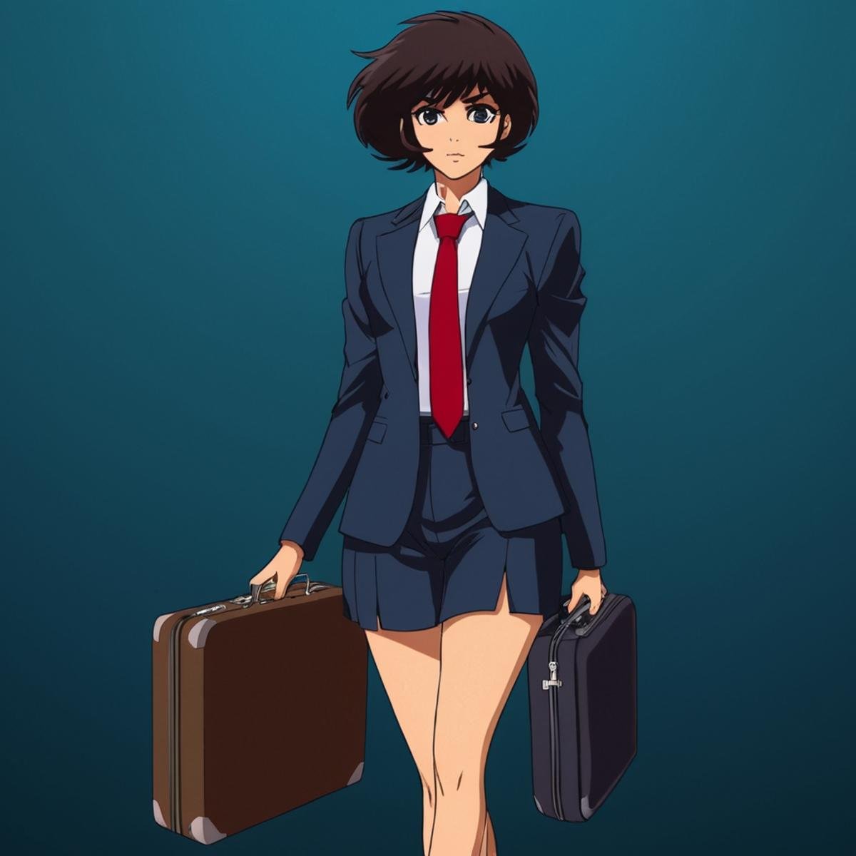 anime artwork of In anime manga universe,  Kouji Kabuto a woman in a suit and tie holding a suitcase ,  animation style by...
