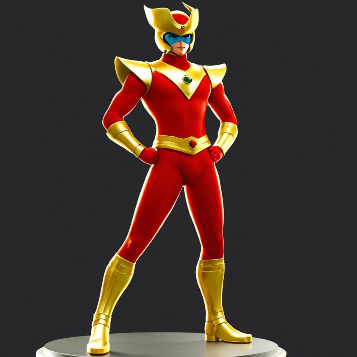 anime artwork of In anime manga universe,  Kouji Kabuto a statue of a man in a red and gold outfit ,  animation style by E...