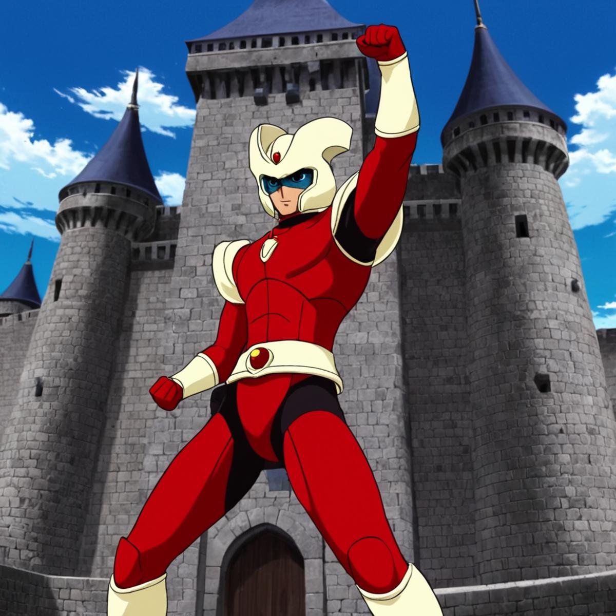 anime artwork of In anime manga universe,  Kouji Kabuto a cartoon character with a fist up in front of a castle ,  animati...