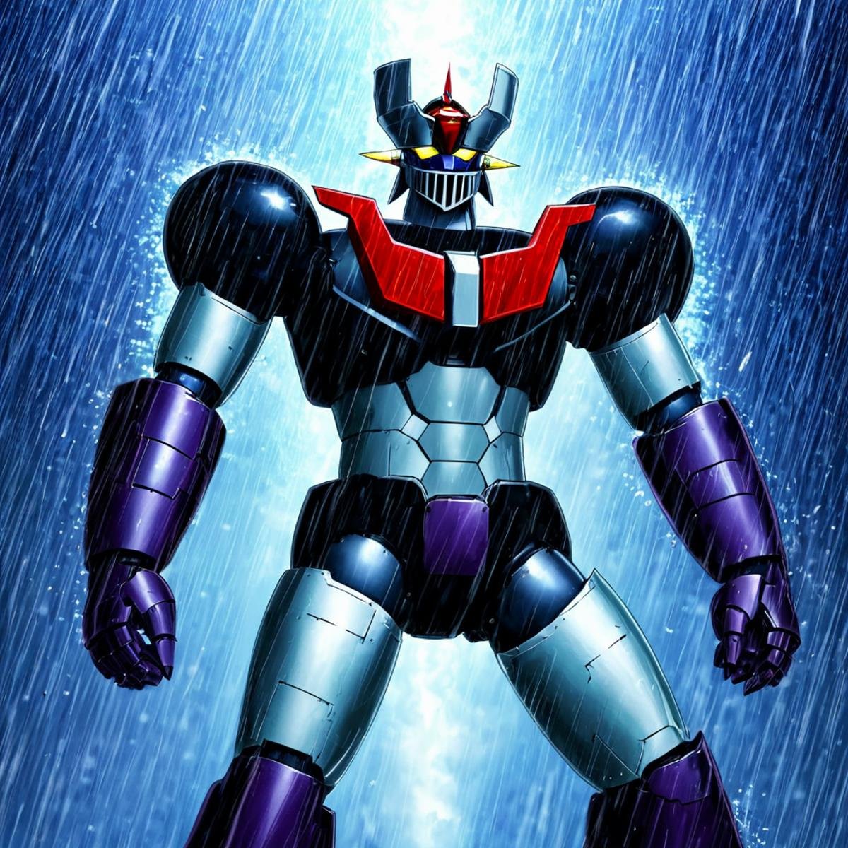 anime artwork of In anime manga universe,  Mazinger Z,  super robot a poster of a robot in the rain by EauDeNoire on Tenso...