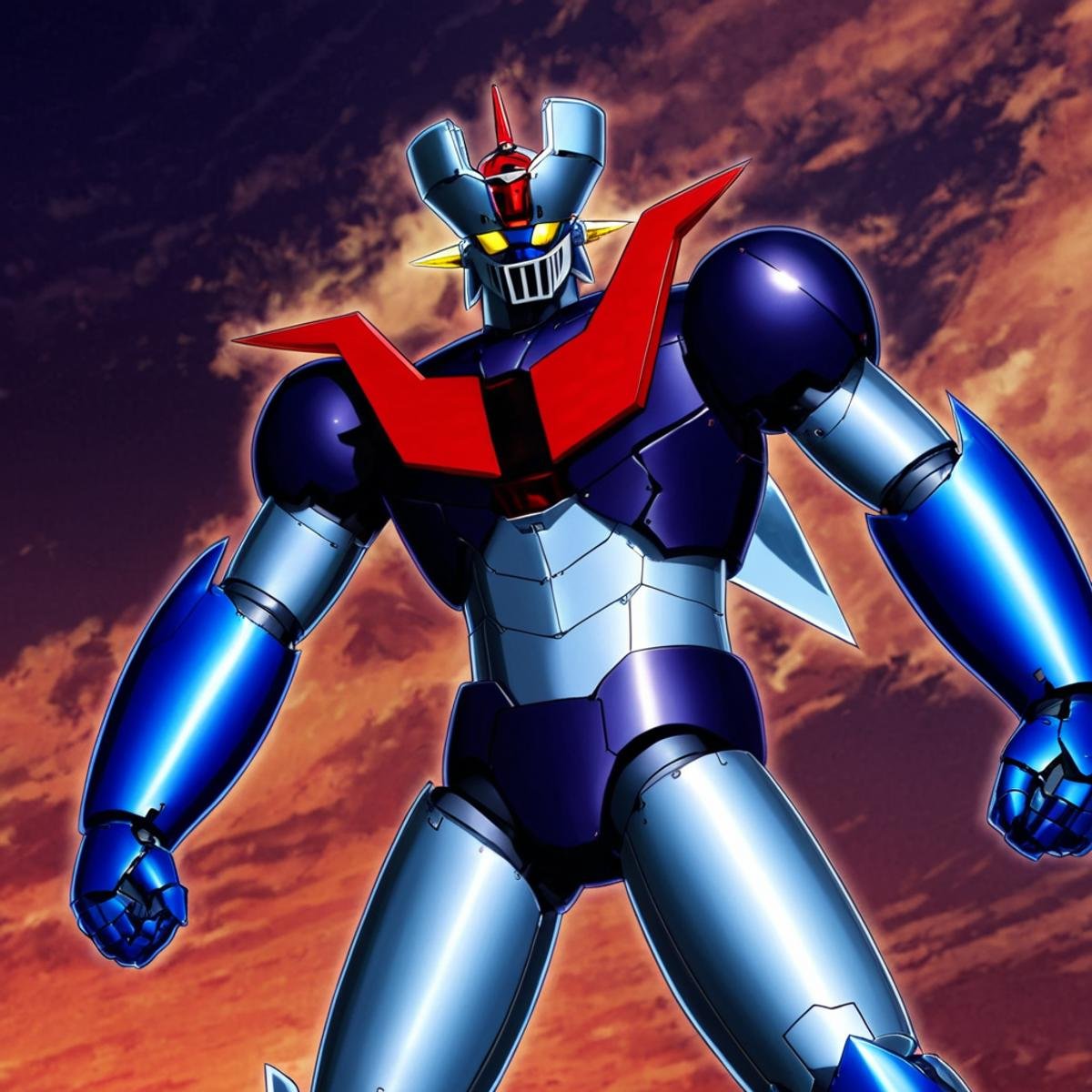 anime artwork of In anime manga universe,  Mazinger Z,  super robot a cartoon character of a robot with a red and blue tai...