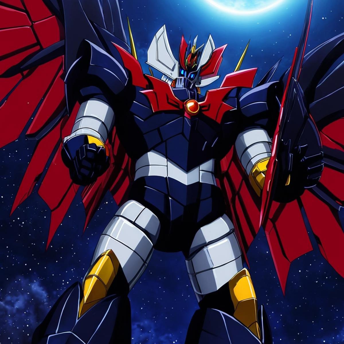 anime artwork of In anime manga universe,  Mazinkaiser,  ultimate Robot a drawing of a robot with a red and white wings by...