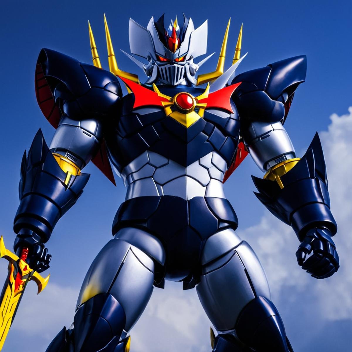 anime artwork of In anime manga universe,  Mazinkaiser,  ultimate Robot a statue of a man with a sword by EauDeNoire on Te...
